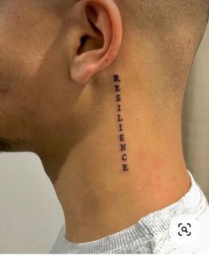 a man with a tattoo on his neck has the words, strength and faith behind him