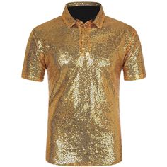 The solid color shiny sequin polo tee is eye-catching and stylish, which makes you stand out from the crowd. Sparkle polo can be matched with metallic leather pants, vests, and blazers to build a charming look. Suitable for many occasions, such as party, stage performance, hip hop, dance, disco, club, shows, dinner gathering, etc. Glitter Blazer Gold Pant 2 Peace, Cheap Gold Party Bottoms, Luxury Slim Fit Shirt For Party, Luxury Yellow Sherwani For Diwali, Luxury Gold Bollywood Bandhgala, Luxury Gold Sherwani For Festivals, Dinner Gathering, Disco Club, Disco Theme