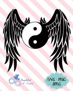 the yin yang symbol with wings is shown in black on a pink and white striped background