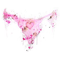 a cow skull with pink paint splattered on it's side and a heart in the middle