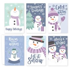 four christmas cards with snowmen in hats, scarfs and mittens on them