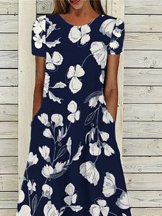 Navy Blue Midi Dress, Navy Midi Dress, Midi Dress Casual, Maxi Knit Dress, Summer Style Casual, Vestido Casual, Floral Print Shorts, Woven Dress, Navy Blue Dresses