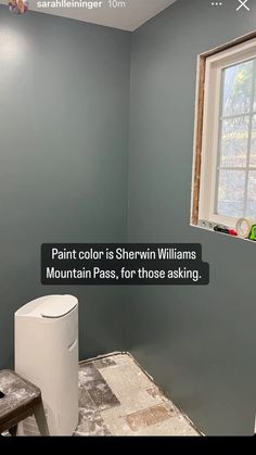 a bathroom that has been painted gray with the words paint color is shewn williams mountain pass, for those asking