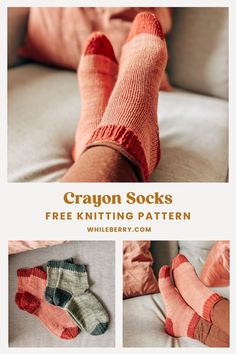 two pictures of socks with text that reads, crayon socks free knitting pattern