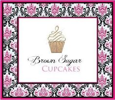 brown sugar cupcakes logo on pink and black damask with white frosting