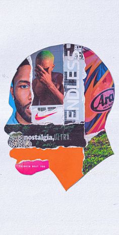 a collage of different images and words in the shape of a man's head