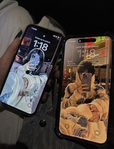 two cell phones with pictures of people on them, one is holding a phone and the other has an iphone