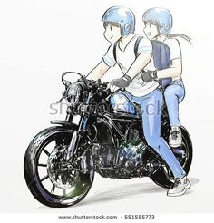 two people riding on the back of a motorcycle with their helmets on and one person wearing blue jeans