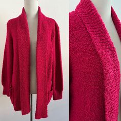 "Gorgeous magenta early 90's cozy cardigan sweater.  \"Le Chois\" Acrylic Size small Armpit 20\" Shoulder to hem 25\" Excellent condition" Vintage Winter Sweater For Loungewear, Pink Knit Cardigan For Cold Weather, Cozy Pink Cardigan For Layering, Cozy Pink Cardigan For Cold Weather, Pink Knit Long Sleeve Outerwear, Pink Knit Cardigan For Fall, Magenta Cardigan, Cinderella Blue, Napa Ca