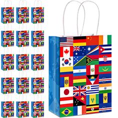 a bag with many flags on it and several bags in the same pattern, all different colors