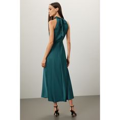 Blue satin (52% Lenzing‚Ñ¢ Ecovero‚Ñ¢ Viscose, 48% Viscose). A-line. Sleeveless. Halter neck. Tie closure. 28" from shoulder to hemline. Imported. Satin A-line Midi Dress For Dinner, Evening Sleeveless A-line Satin Dress, Evening Satin Sleeveless A-line Dress, Satin A-line Sleeveless Evening Dress, Sleeveless A-line Satin Evening Dress, Cocktail Satin Sleeveless Halter Neck Dress, Formal Sleeveless Satin Dress, Satin A-line Sleeveless Dress For Cocktails, Satin A-line Sleeveless Cocktail Dress