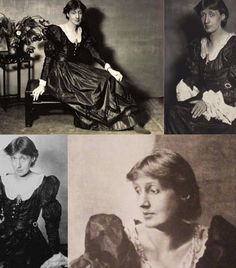 four different pictures of women in dresses and furnishs, one is sitting on a chair