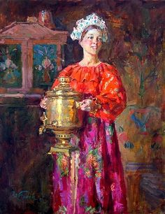 a painting of a woman holding a golden urn