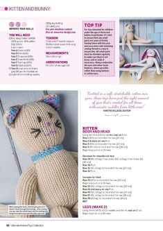 an article in the knitting book titled kitten and bunny, with instructions for how to make it