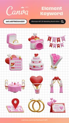 a pink and white poster with many different items on the front, including rings, hearts,