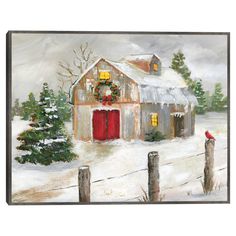 a painting of a barn in the snow with a red door and wreath on it