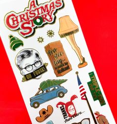 a christmas story sticker sheet on a red background