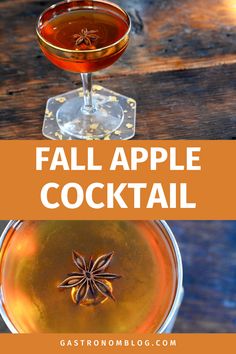 Red colored Fall Apple Cocktail in gold rimmed coupe glass on gold speckled clear coaster on wood table, star anise garnish