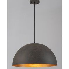 an industrial style pendant light hanging from a ceiling fixture with a grey finish and gold trim