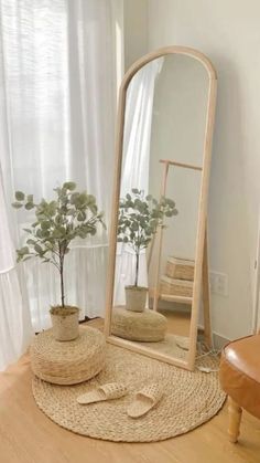 a large mirror sitting on top of a wooden floor next to a potted plant