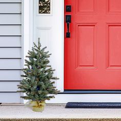 a small christmas tree sitting in front of a red door