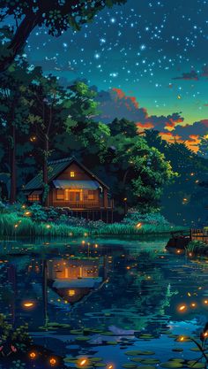 a painting of a cabin in the woods at night with fireflies flying over it