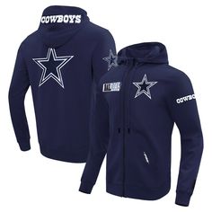 Level up your Dallas Cowboys game day look with this Pro Standard Split Logo Double Knit Full-Zip Hoodie. The split logo design, with one half in team colors and the other half in black and white, creates a bold and modern aesthetic. Plus, the two side pockets provide ample space for keeping your hands warm or storing your essentials, making this Dallas Cowboys hoodie a great addition to any fan's wardrobe. Team-colored Outerwear With Team Name For Sports Season, Team-colored Outerwear With Team Name For Game Day, Team-colored Outerwear For Game Day With Team Spirit, Team-colored Outerwear For Game Day, Hooded Tops With Team Logo For Fan Gear, Hooded Tops With Team Logo For Fans, Team Outerwear For Game Day, Team-colored Long Sleeve Hoodie For Fans, Hooded Team Spirit Tops With Logo