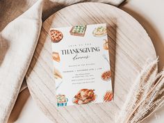 a thanksgiving dinner menu sitting on top of a wooden plate next to a white napkin