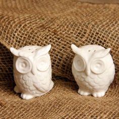 two white owl figurines sitting next to each other on a burlock