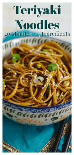 the cover of teriyaki noodles with chopsticks and sauce in a bowl