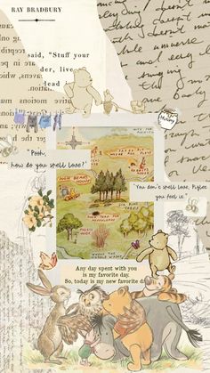 an image of winnie the pooh collage with handwritten text and pictures on it