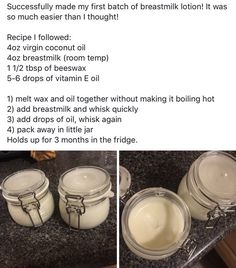 three jars filled with cream sitting on top of a counter