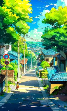 an anime street with houses and trees on both sides, one person walking down the road