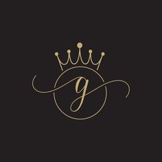 the letter g with a crown on it's head is shown in black and gold