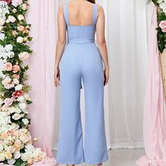 F00199230-104 Elegant Light Blue Jumpsuits And Rompers For Party, Chic Fitted Light Blue Jumpsuits And Rompers, Chic Light Blue Fitted Jumpsuits And Rompers, Fitted Light Blue Jumpsuit For Party, Fitted Light Blue Party Jumpsuit And Romper, Jumpsuit Lace, Trousers Wide Leg, Suit Jumpsuit, Spring Outfits Women