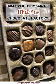 a chocolate box filled with lots of different types of chocolates and the words, discovering the magic of theem's chocolate factory