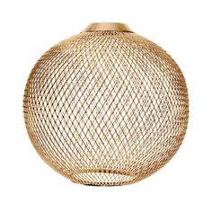 a round light fixture made out of woven material with a gold finish on the top