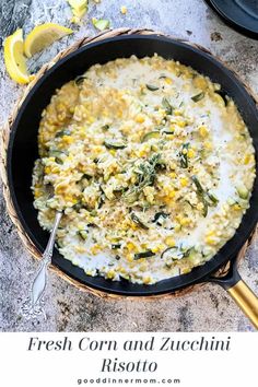 fresh corn and zucchini risotto in a skillet