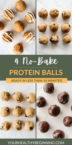 four pictures showing different types of chocolate chip cookies and doughnuts with the words, no - bake protein balls ready in less than 10 minutes