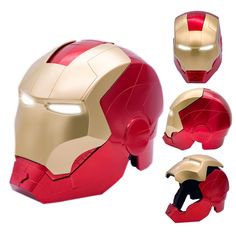 an iron man helmet is shown with different angles and colors on the front, side, and back