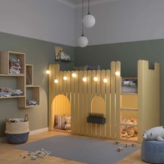 a child's bedroom with a castle bed and toys on the floor in front of it