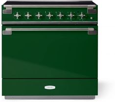 a green stove with four burners and six knobs on the front, in an upright position