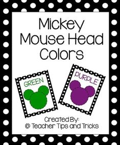 mickey mouse head colors with the words purple, green and purple in front of them