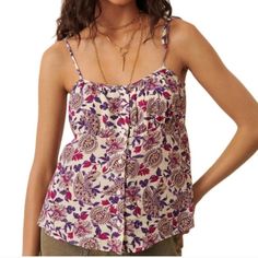 Nwt Ba& Sh Yvie Floral Paisley Tank Top Blouse Medium New New With Tags Women's Size Medium Pit To Pit 16" 100% Viscose Floral-Print Crepe Gathered Button Fastenings Through Front Ties At Shoulders Non-Stretchy Fabric Mid-Weight Fabric Hand Wash Or Dry Clean Purple Floral Print Top For Day Out, Feminine Purple Top With Floral Print, Sleeveless Purple Blouse With Floral Print, Casual Purple Top With Paisley Print, Casual Purple Paisley Print Top, Green Silk Shirt, Honey Shirt, Tie Neck Shirt, Lace Trim Tank Top