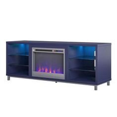 an entertainment center with a blue fire place