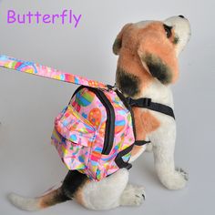 a stuffed dog with a backpack on it's back and the words butterfly written in purple