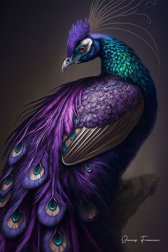 a painting of a peacock sitting on top of a tree branch with its feathers spread out