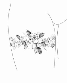 a black and white drawing of a woman's stomach with flowers on it,