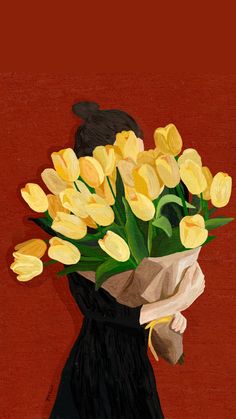 a painting of a woman holding a bouquet of yellow tulips