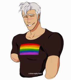 an older man with white hair wearing a rainbow t - shirt